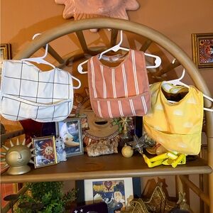 Set of 3 Baby Bibs - White Grid, Rust Stripe, Yellow Sun